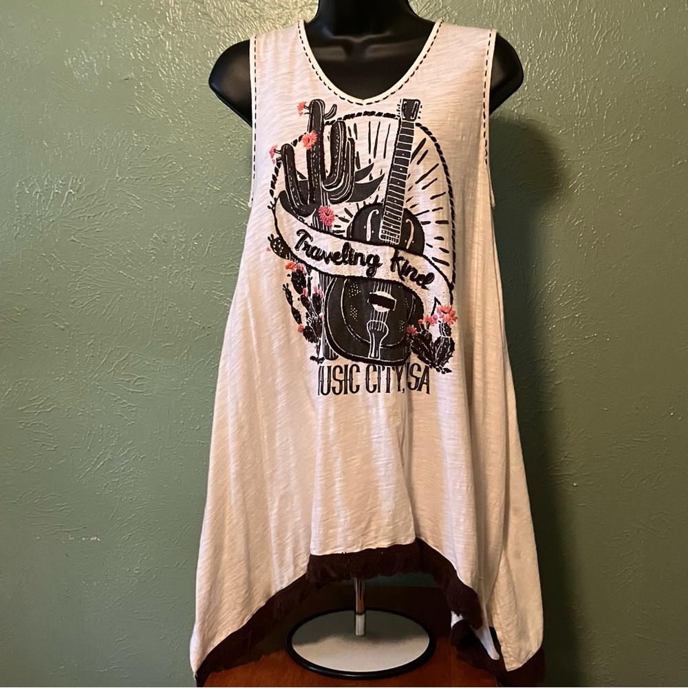 Double D Ranch Graphic Tank Top - Cream body, brown fringe, black embroidery